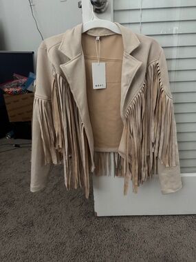 Beige Fringed Faux Suede Jacket with Lapel